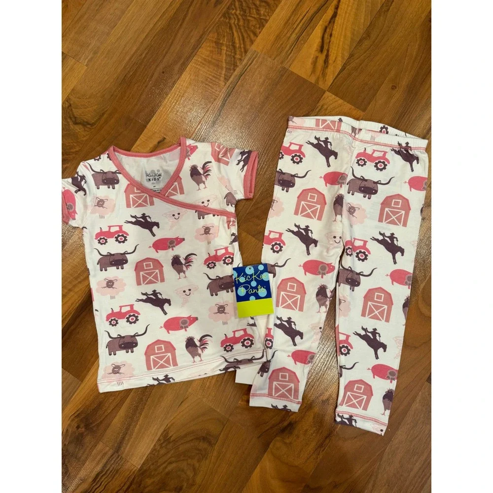 KicKee‎ Pants Kids 2T Farm Animals Pajama Set NWT barn cow chicken pig pink girl
